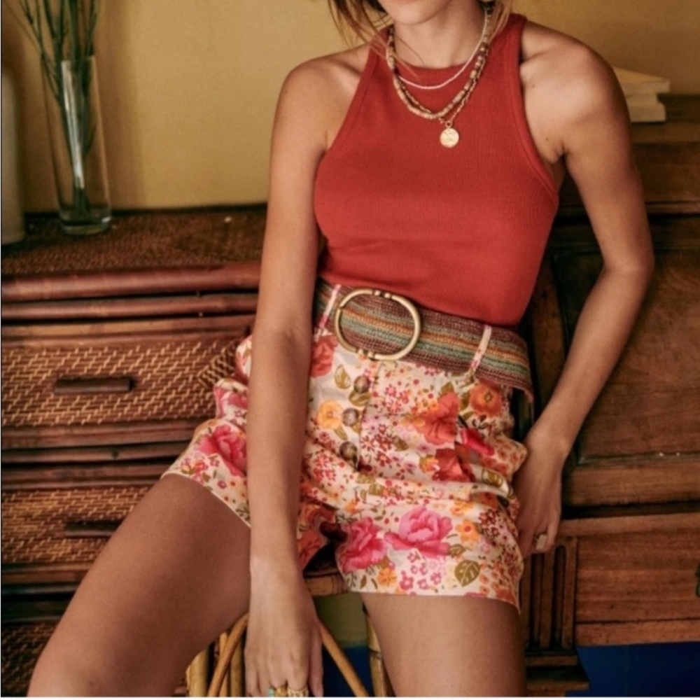 Sezane Floral High Waist Shorts - Pink and Red